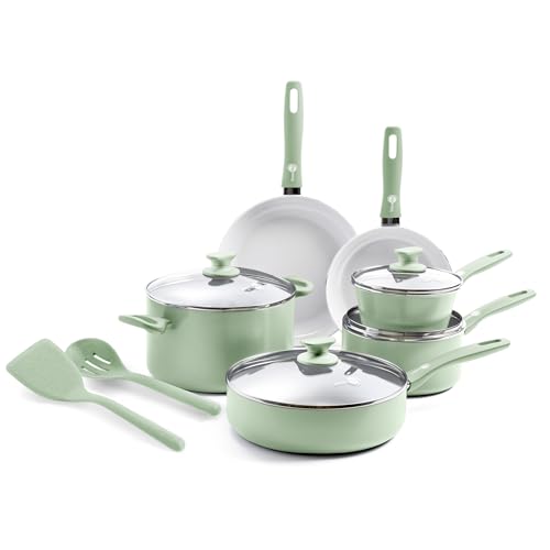 GreenPan Dover Healthy Ceramic Nonstick. 12 Piece Cookware Pots and Pans Set. PFAS-Free. Dishwasher Safe. Comfort Grip Handle. Pastel Green