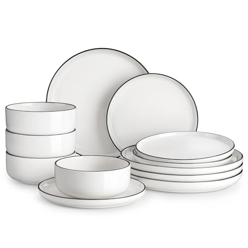 MALACASA Plates and Bowls Sets. 12 Pieces Modern Porcelain Dinnerware Set for 4 White Kitchen Dinner Dining Ware Set wtih Black Rim Ceramic Dishware Dishes Microwave and Dishwasher Safe. Series LUNA