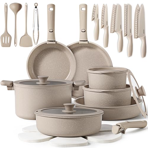 CAROTE 35pcs Pots and Pans Set Non Stick. Cookware Set. Removable Handle Pots and Pans Nonstick. RV Oven Safe Cookware. Induction Kitchen Cookware Set. Knife Set. Taupe
