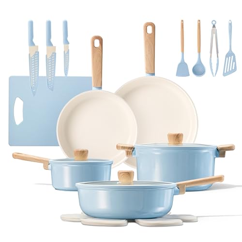 CAROTE 24pcs Ceramic Cookware Set. Pots and Pans Non Stick Kitchen Cookware Sets. Pots and Pans Set Cooking Set with Knife Set