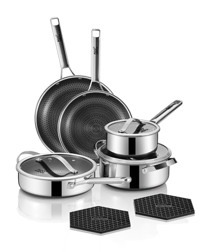 Pots and Pans Set Hybrid Stainless Steel. 10PC Nonstick Tri-Ply Cookware Set w/Frying pan. Dishwasher & Oven Safe. PFOA-Free. Metal Utensil Safe. Suitable for All Cooktops