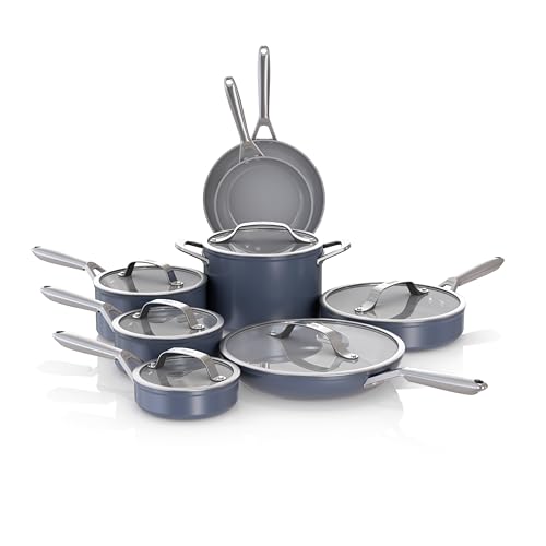 Ninja Ceramic Pro 14-Piece Cookware Set. Non-Stick Pots & Pans Set with Glass Lids. Nontoxic. PTFE Free. Ceramic Coated. Oven Safe. All Stovetops & Induction Compatible. Midnight Blue. CW39014MM