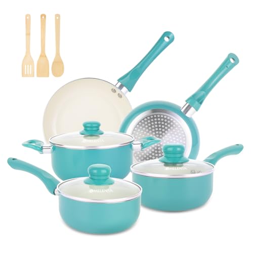 Pots and Pans Set Nonstick. 11pcs Kitchen Cookware Sets Induction Cookware. Ceramic Non Stick Cooking Set. Stay Cool Handle & Bamboo Kitchen Utensils. 100% PFOA Free. Turquoise