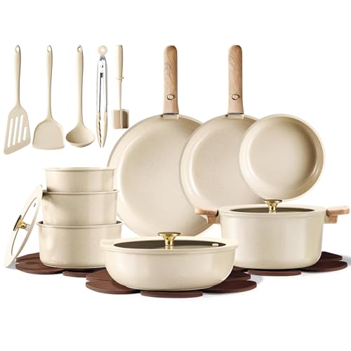 CAROTE 25PCS Ceramic Cookware Set. Pots and Pans set Non Stick. RV Kitchen Cooking Set Removable Handles. Oven Safe. Induction Coolware. Non-toxic Kitchen Cooking Set. PFAS and PFOA Free