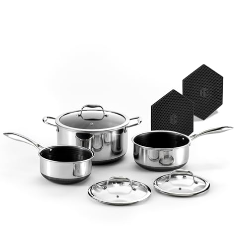 HexClad Hybrid Nonstick 6-Piece Pot Set with 2 Silicone Trivets. 2. 3. and 8-Quart Pots with Tempered Glass Lids. Stay-Cool Handles. Dishwasher-Friendly. Induction Ready. Compatible with All Cooktops