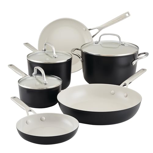 KitchenAid Hard Anodized Ceramic 9-Piece Nonstick Cookware Set ¨C Includes Fry Pans. Saucepan. Stockpot. Durable. Even Heating. Oven Safe to 500¡ãF. Matte Black