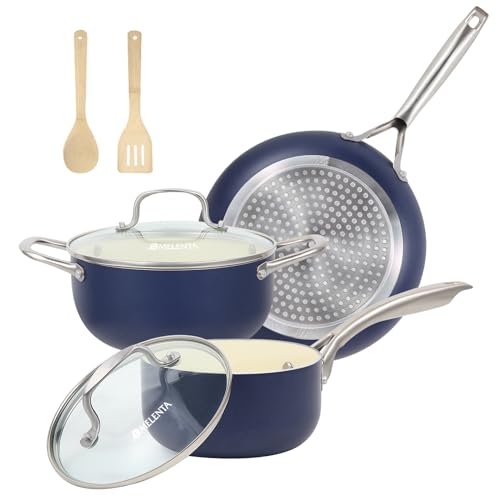 Pots and Pans Set. 7 Piece Nonstick Ceramic Cookware Set. Kitchen Induction Cookware Sets. Pots and Pans Non Stick with Oven Safe Handle. 100% PFOA Free. Blue