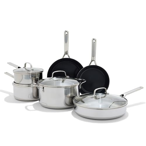 OXO 13 Piece Stainless Steel Cookware Set. Tri-Ply Multiclad Pots & Pans. PFAS-Free Ceramic Nonstick Coated Frying Pans. Induction Compatible. Dishwasher & Oven Safe. Sauce. Stock. Saute. Silver