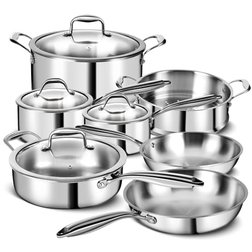 3 Ply Stainless Steel 11-Piece Cookware Set with Lids. Pots and Pans Kitchen Set. Non-Toxic. Induction. Oven. Dishwasher Safe. Professional Chef Quality