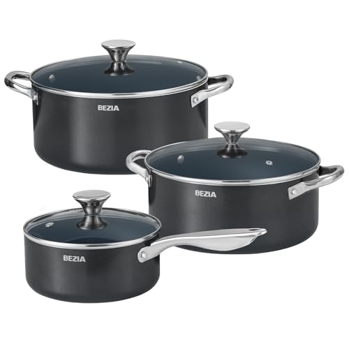 Induction Cookware Set 6-Piece. Stackable Kitchen Cooking Pots Set. 6qt 4.8qt & 2qt Pots with Lids. Dishwasher Safe & Oven Safe. Compatible with All Stoves. Black
