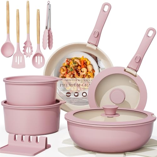 Astercook 21 Pcs Pots and Pans Set Non Stick. Ceramic Cookware Set Detachable Handle. RV Kitchen Cooking Set Removable Handles. Oven Safe. Induction Ready. Stackable Non-stick Set. Pink