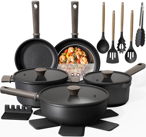 Astercook 19 Pcs Pots and Pans Set Non Stick. Black Titanium Induction Kitchen Cookware Sets. Non toxic Healthy Non Stick Kitchen Cooking Set with Frying Pans Set. PFAS PTFE PFOA PFOS Free
