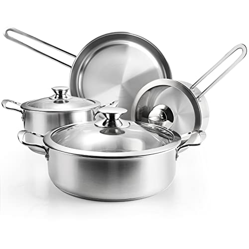 Stainless Steel Pots and Pans Set. 7-Piece Kitchen Cookware Sets with Glass Lids. Stay-Cool Handle. Oven Safe. Works with Induction/Electric and Gas Cooktops. Dishwasher