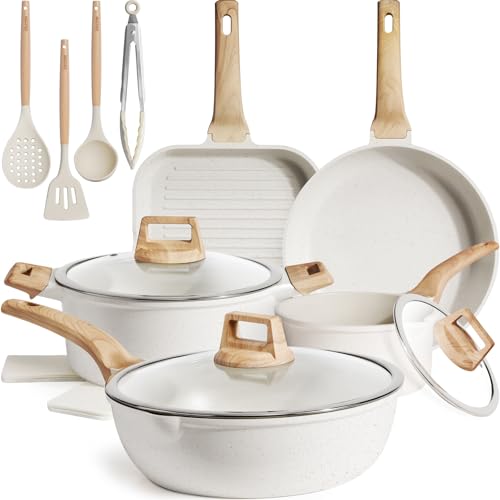 Kikcoin 16Pcs Pots and Pans Set Nonstick Ceramic Cookware Sets Induction Kitchen Cooking Set Non toxic Healthy Non Stick w/Grill Pan.Saute Pan. Ceramic White