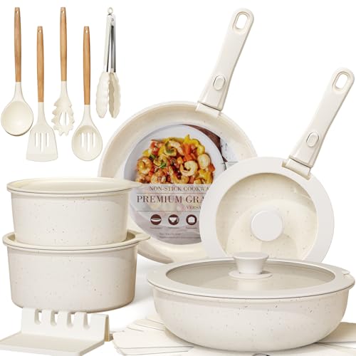 Astercook 21 Pcs Pots and Pans Set Non Stick. Ceramic Cookware Set Detachable Handle. RV Kitchen Cooking Set Removable Handles. Oven Safe. Induction Ready. Stackable Non-stick Set. Cream White