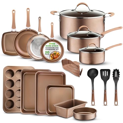 20-Piece Nonstick Kitchen Cookware Set - PTFE/PFOA/PFOS-Free Heat Resistant Lacquer Kitchen Ware Pots Baking Pan Set w/ Saucepan. Frying Pans. Cooking Pots. Oven Pot. Lids. Utensil - NutriChef NCCW20S