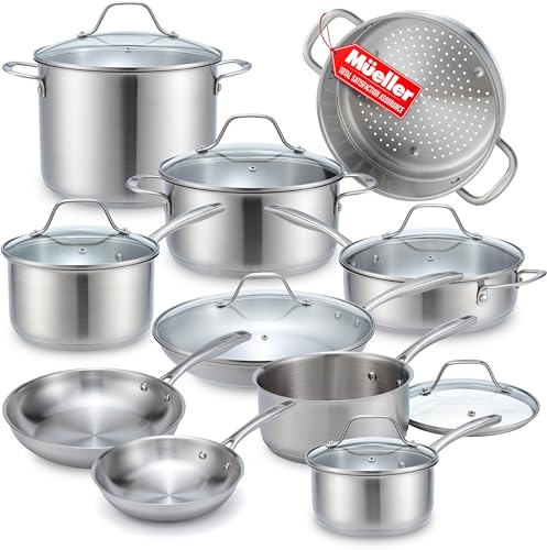 Mueller Pots and Pans Set 17-Piece. Ultra-Clad Pro Stainless Steel Cookware Set. Ergonomic EverCool Handle. Induction Cookware. Includes Saucepans. Skillets. Dutch Oven. Stockpot. Steamer For Cooking