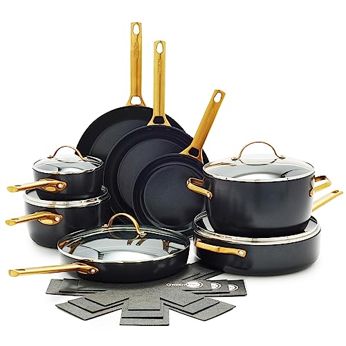 GreenPan Hard Anodized Healthy Ceramic Nonstick. 16 Piece Cookware Pots and Pans Set. Gold Handle. PFAS-Free. Dishwasher Safe. Oven Safe. Black