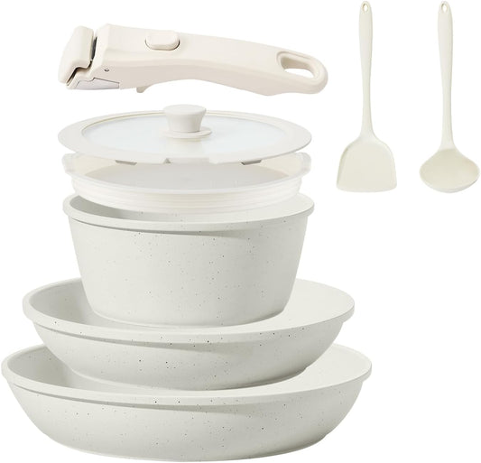 8PCS Ceramic Cookware.Nonstick Ceramic Pan. Removable Handle Pots and Pans Set. Stackable Pan Set. Nonstick Pots and Pans Set Non Stick pot for Home.RV