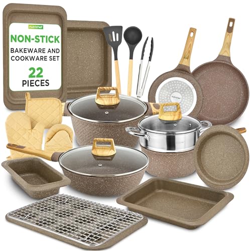 Nutrichef 22-Piece Black Marble Non-Stick Cookware and Bakeware Set - Professional Home Kitchen Collection with Multi-Sized Pots. Pans. and Heat-Resistant Tools