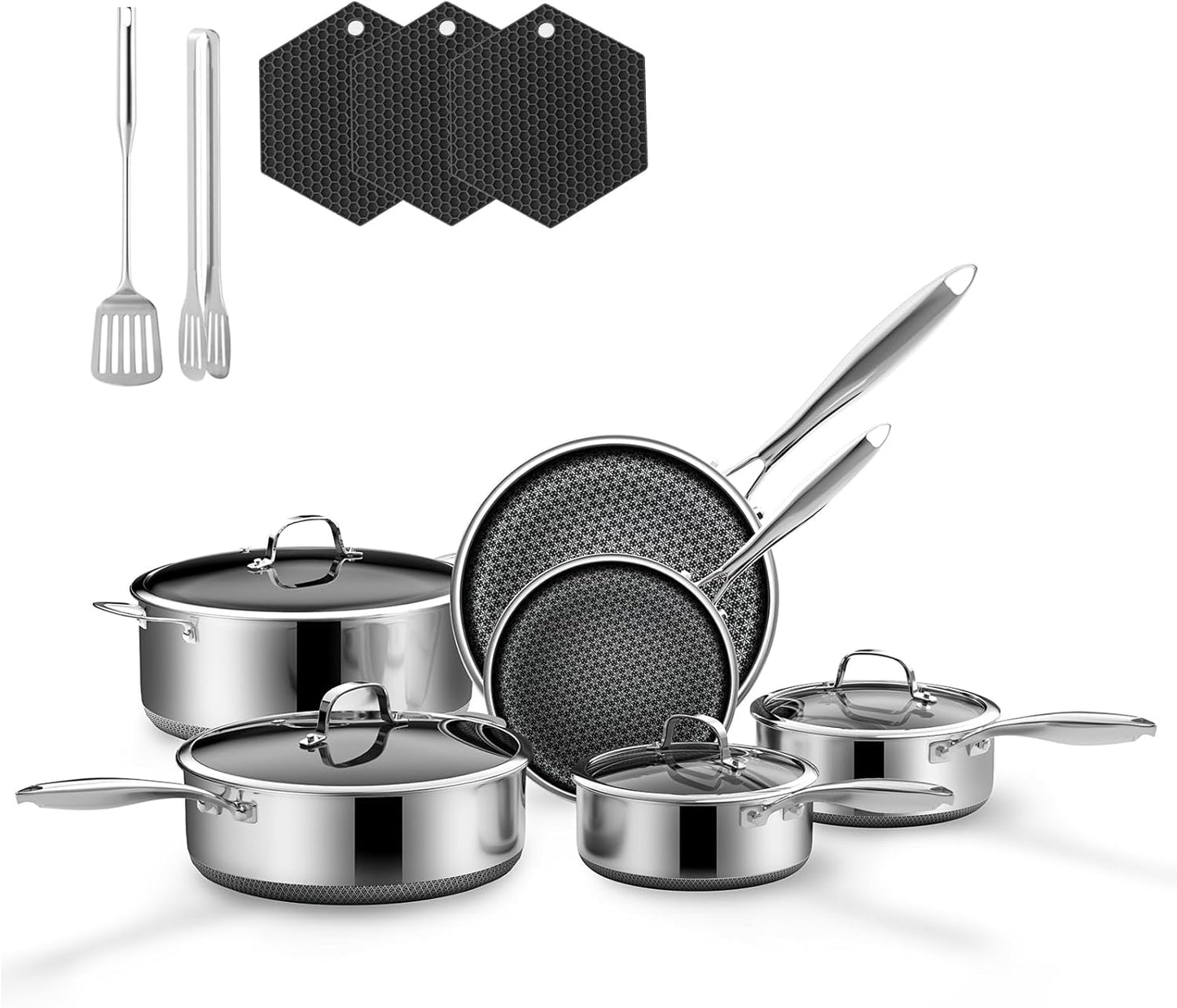 15-Piece 5 Ply Stainless Steel Cookware Set with Lids. Pots and Pans Set Non Stick. Non-Toxic. for Induction. Oven. Dishwasher Safe. RV Essentials. Kitchen Appliances