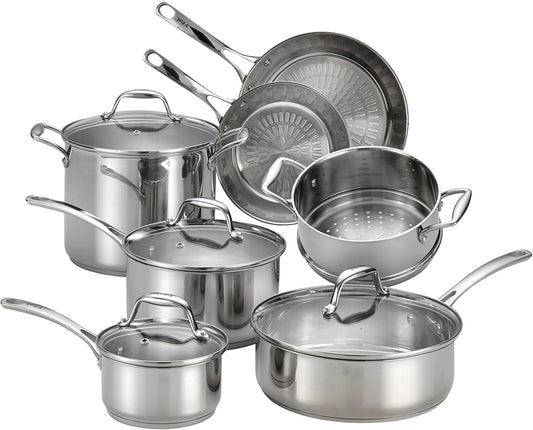 T-fal Performa Stainless Steel Cookware Set 12 Piece Induction Oven Broiler Safe 500F Pots and Pans. Dishwasher Safe Silver
